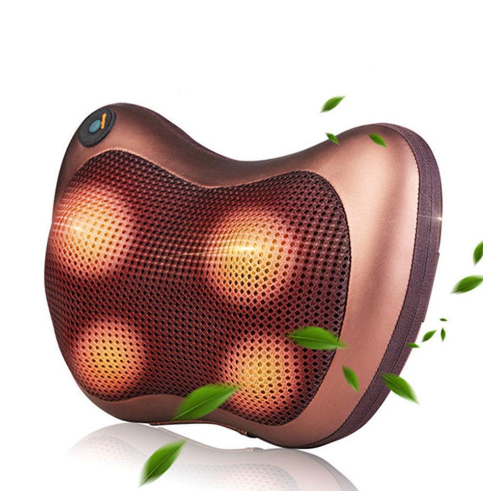 Portable 4 heads massage pillow in black, designed for neck and body relaxation with ergonomic shape and infrared warming technology.