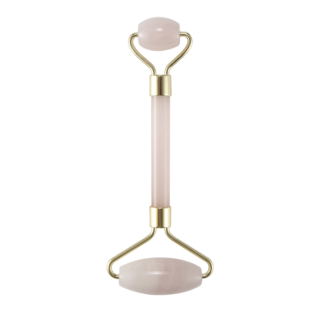Portable Crystal Double Head Roller Massager with pink quartz crystal, designed for facial massage and skincare.
