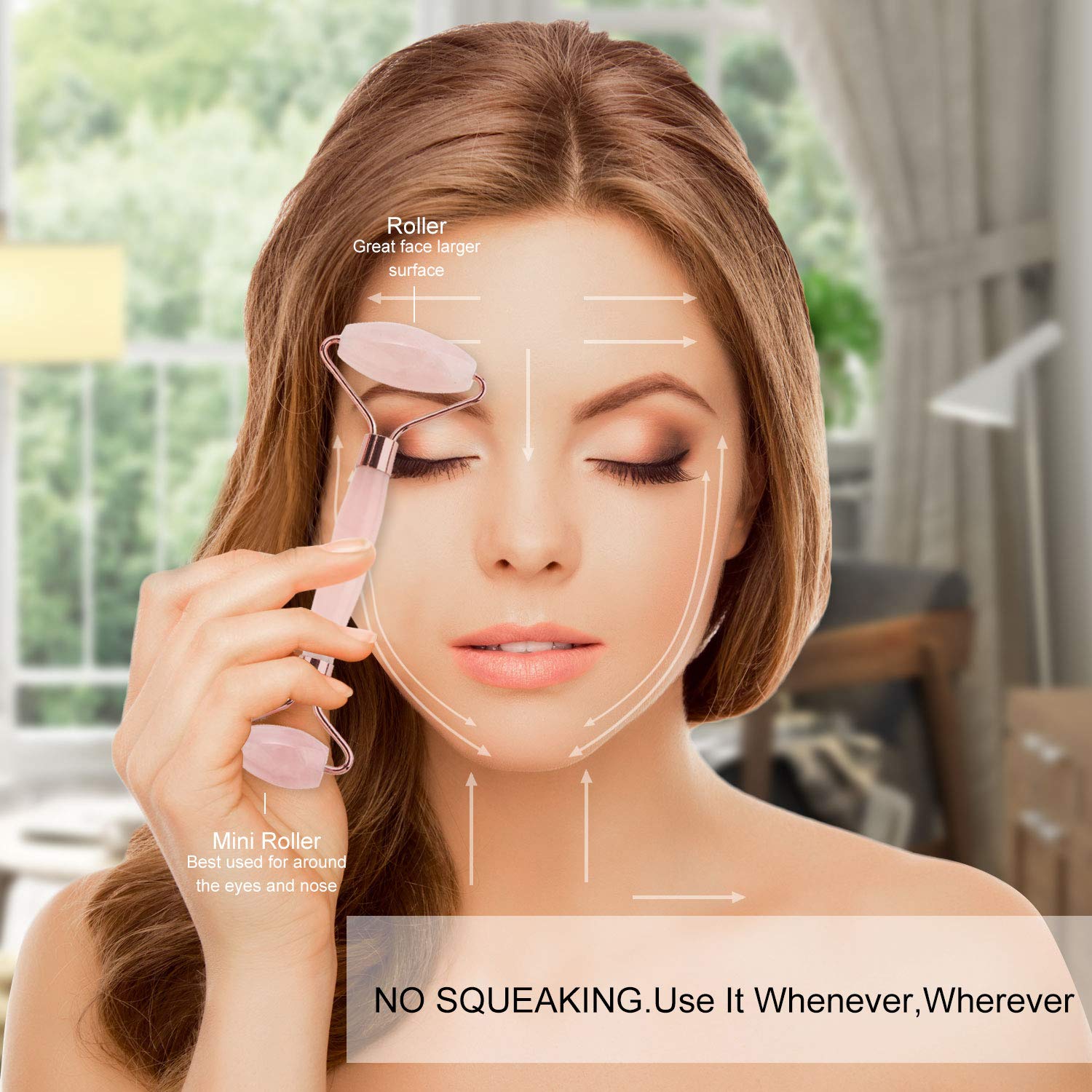 Portable Crystal Double Head Roller Massager with pink quartz crystal, designed for facial massage and skincare.