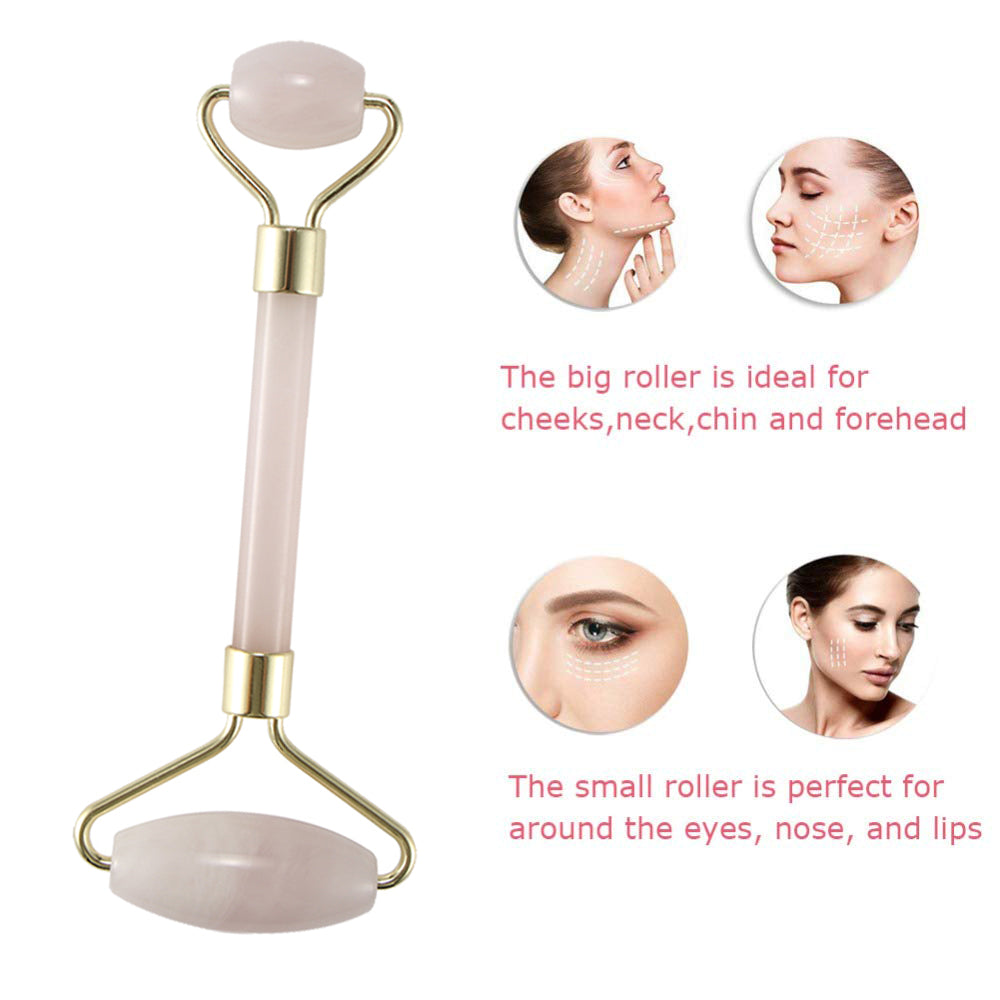 Portable Crystal Double Head Roller Massager with pink quartz crystal, designed for facial massage and skincare.