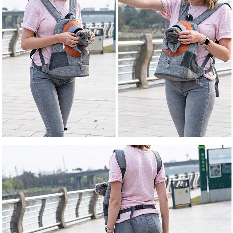 Portable Dog Carrier Bag featuring breathable mesh, adjustable straps, and stylish design for small pets.