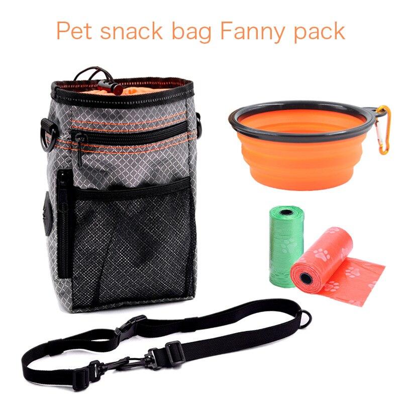 Portable Dog Training Bag made of durable Oxford cloth, featuring multiple pockets for treats, snacks, and poop bags, ideal for outdoor use.