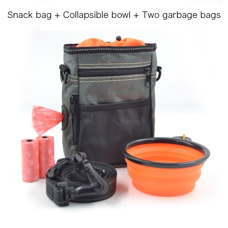 Portable Dog Training Bag made of durable Oxford cloth, featuring multiple pockets for treats, snacks, and poop bags, ideal for outdoor use.