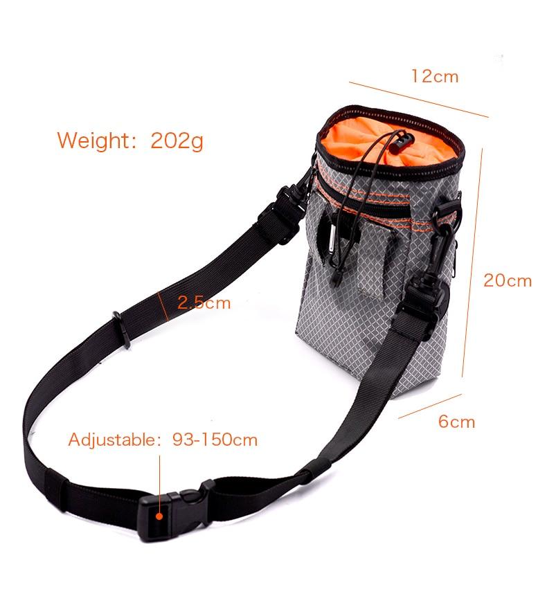 Portable Dog Training Bag made of durable Oxford cloth, featuring multiple pockets for treats, snacks, and poop bags, ideal for outdoor use.