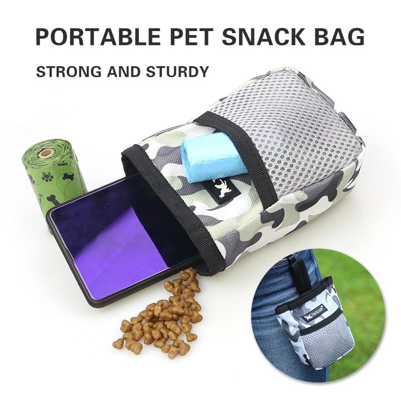 Portable Dog Training Bag made of durable Oxford cloth, featuring multiple pockets for treats, snacks, and poop bags, ideal for outdoor use.