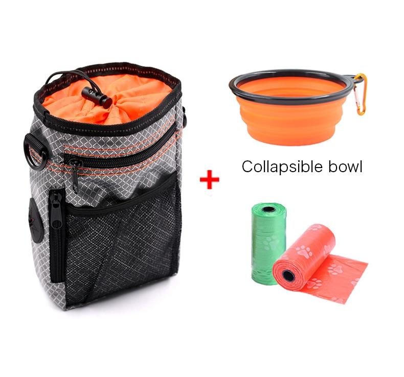 Portable Dog Training Bag made of durable Oxford cloth, featuring multiple pockets for treats, snacks, and poop bags, ideal for outdoor use.