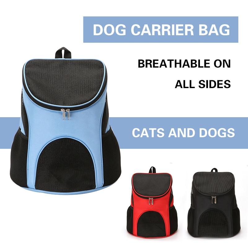 Portable Pet Carrier Bag with breathable mesh and double shoulder straps, available in black, red, and blue, designed for puppies and cats.
