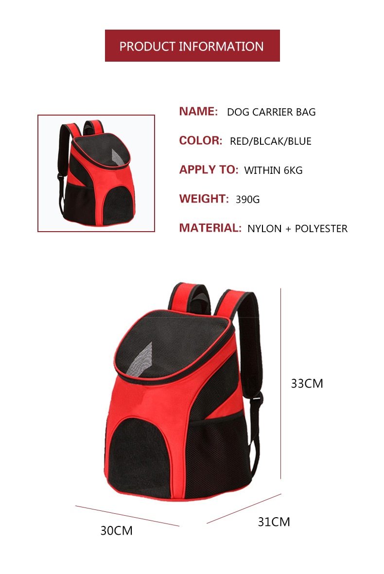 Portable Pet Carrier Bag with breathable mesh and double shoulder straps, available in black, red, and blue, designed for puppies and cats.