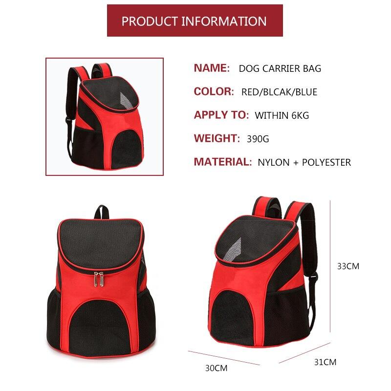 Portable Pet Carrier Bag with breathable mesh and double shoulder straps, available in black, red, and blue, designed for puppies and cats.