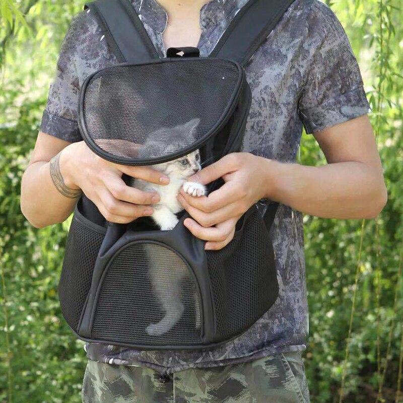 Portable Pet Carrier Bag with breathable mesh and double shoulder straps, available in black, red, and blue, designed for puppies and cats.
