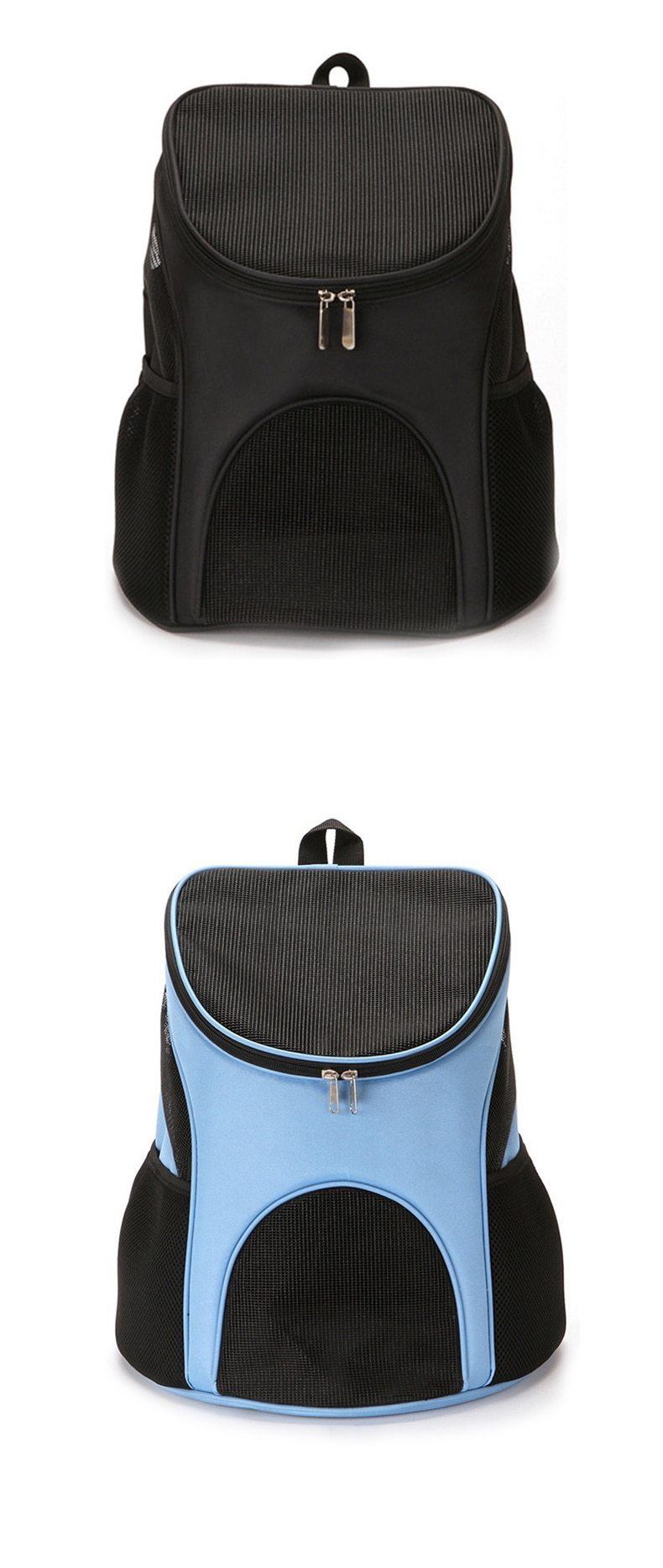 Portable Pet Carrier Bag with breathable mesh and double shoulder straps, available in black, red, and blue, designed for puppies and cats.