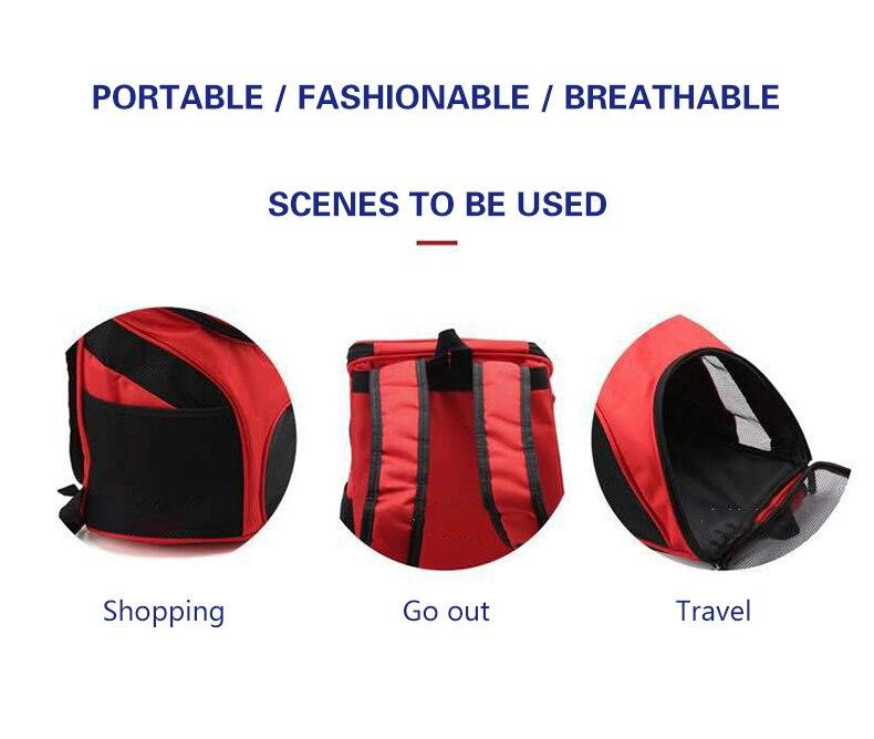 Portable Pet Carrier Bag with breathable mesh and double shoulder straps, available in black, red, and blue, designed for puppies and cats.