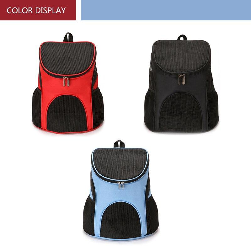 Portable Pet Carrier Bag with breathable mesh and double shoulder straps, available in black, red, and blue, designed for puppies and cats.