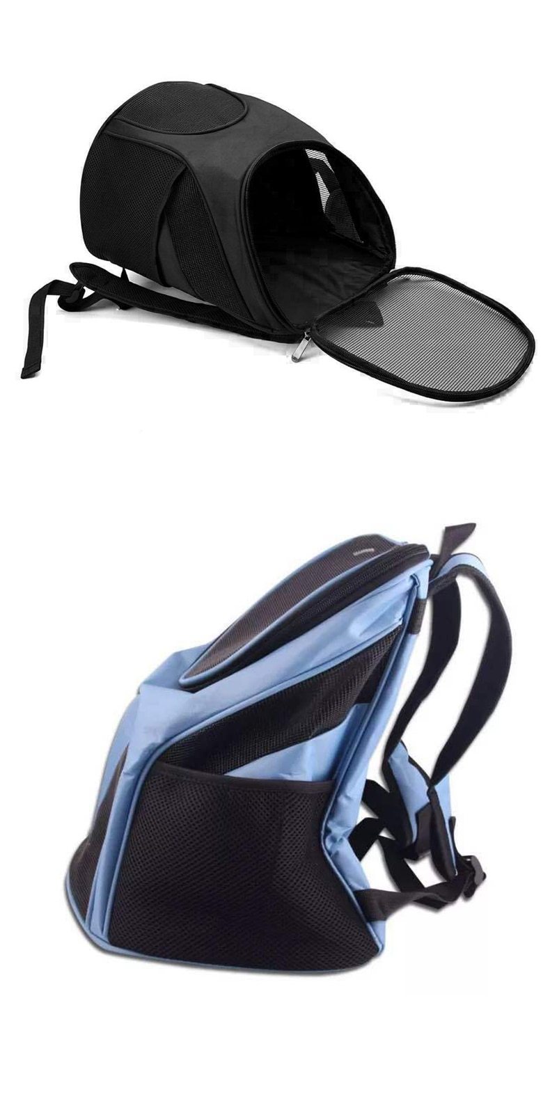 Portable Pet Carrier Bag with breathable mesh and double shoulder straps, available in black, red, and blue, designed for puppies and cats.