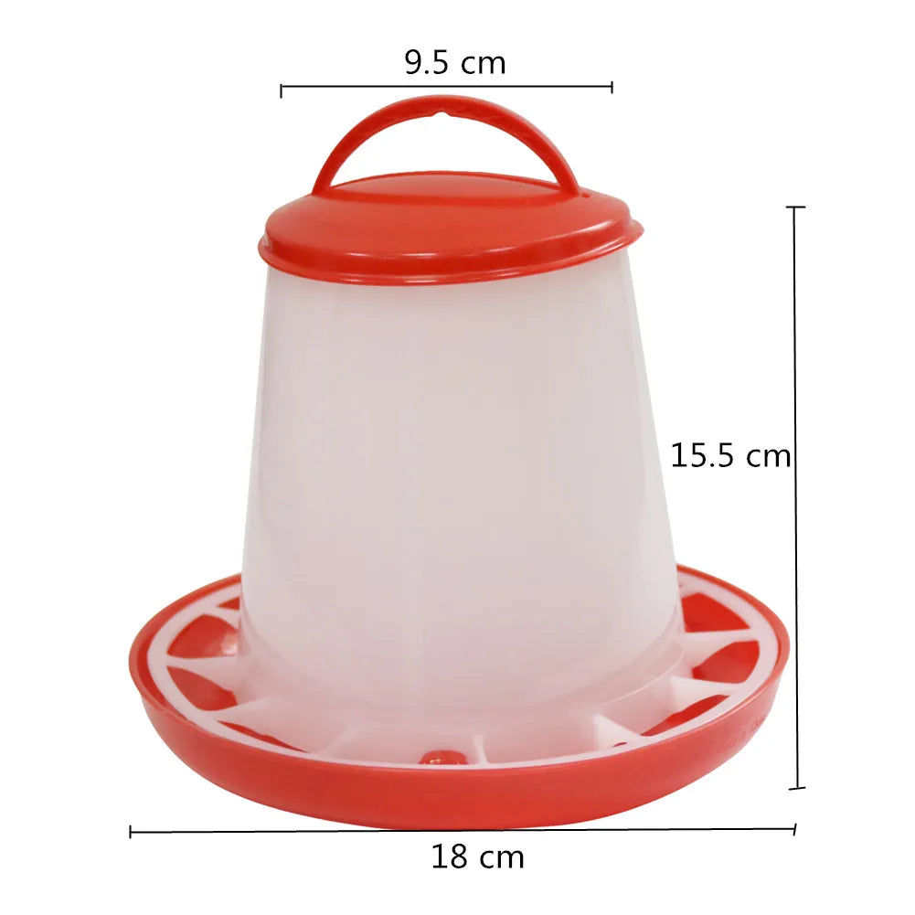 Poultry Farm Feeding Tool in red and white, designed for chickens and ducks, made of durable plastic.