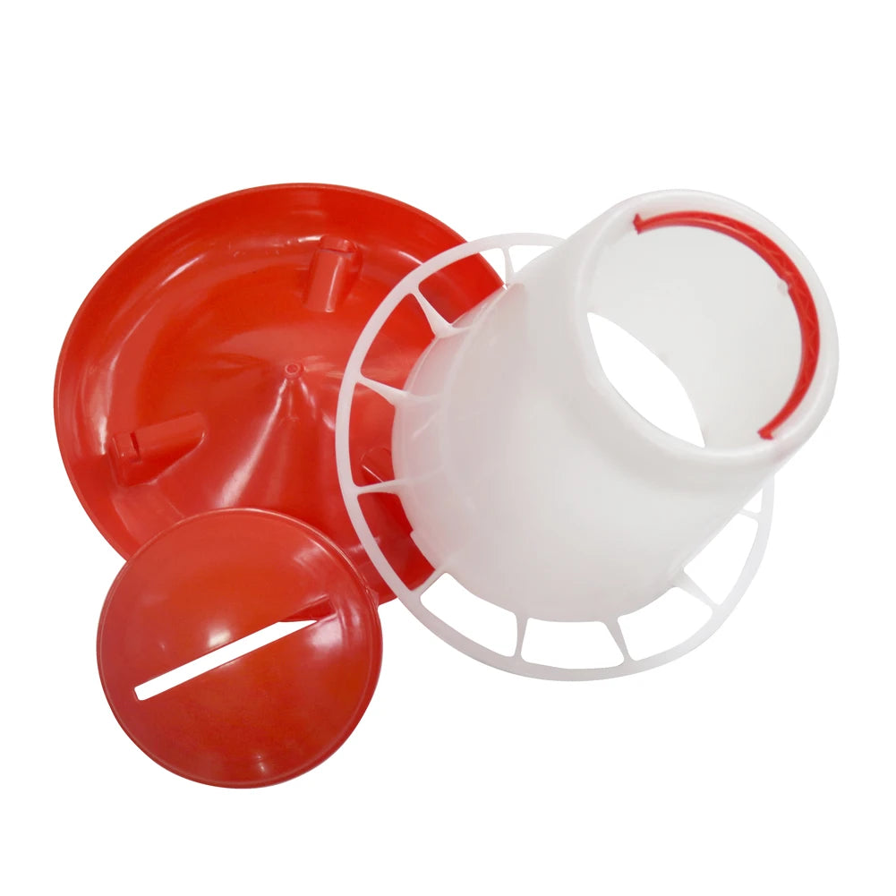 Poultry Farm Feeding Tool in red and white, designed for chickens and ducks, made of durable plastic.