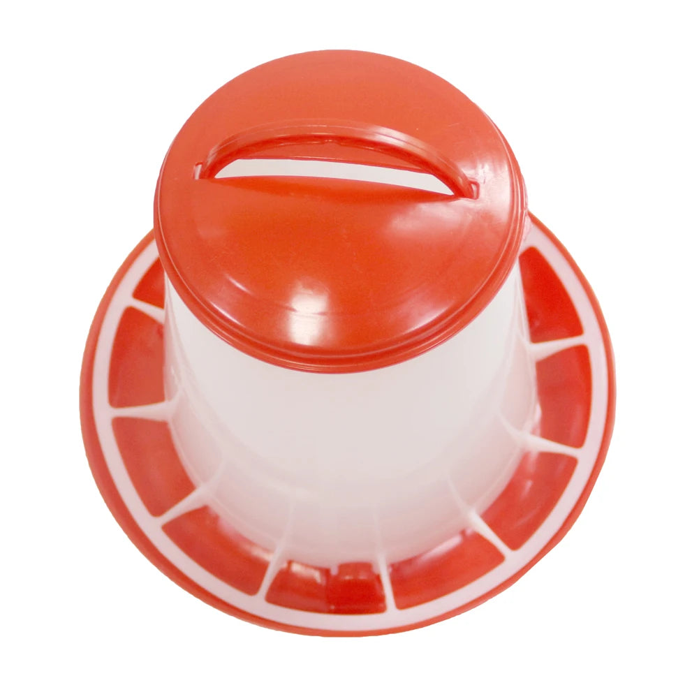 Poultry Farm Feeding Tool in red and white, designed for chickens and ducks, made of durable plastic.