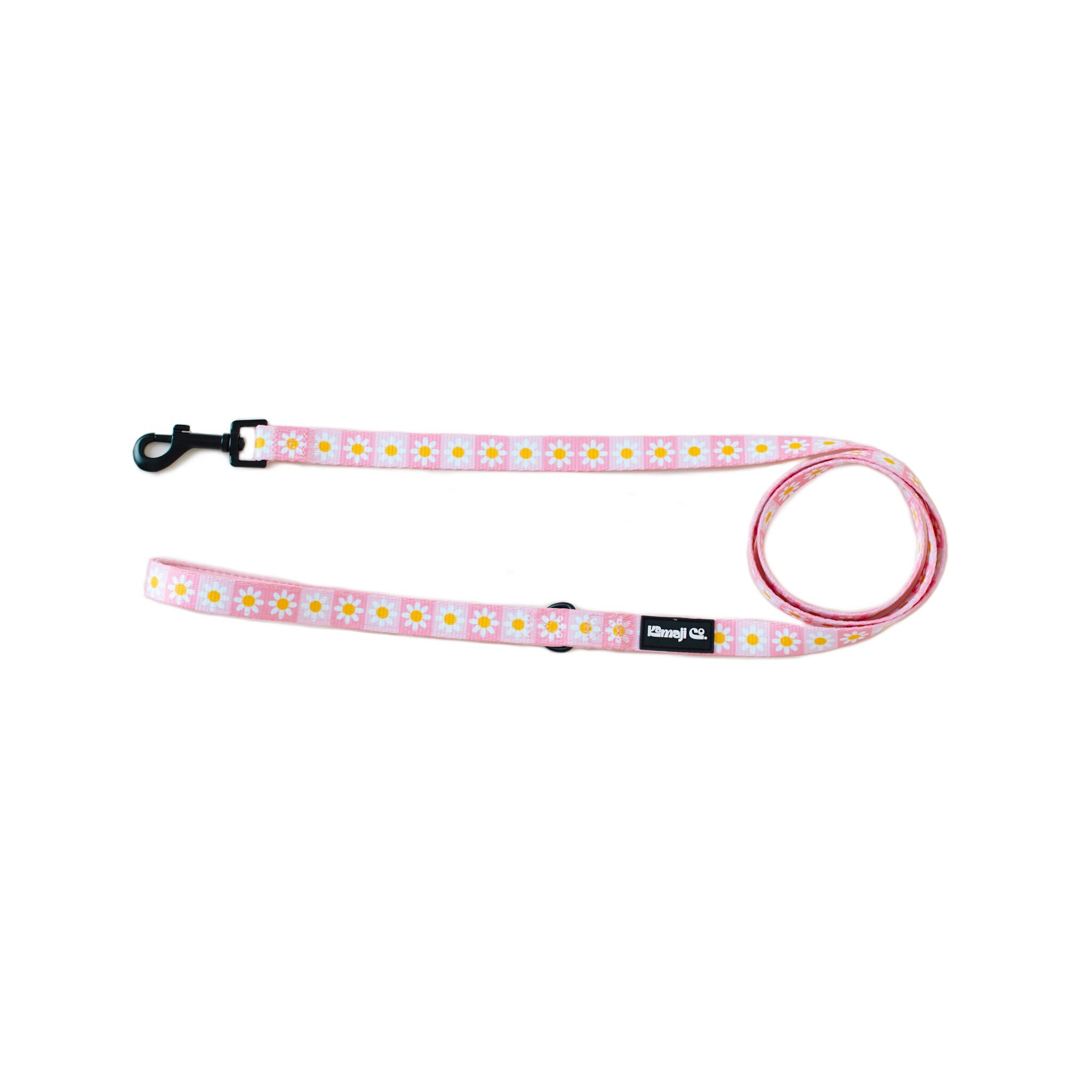 Precious Peach Daisy Leash featuring a padded handle, D-ring for poo bags, and durable metal trigger snap, designed for stylish dog walks.