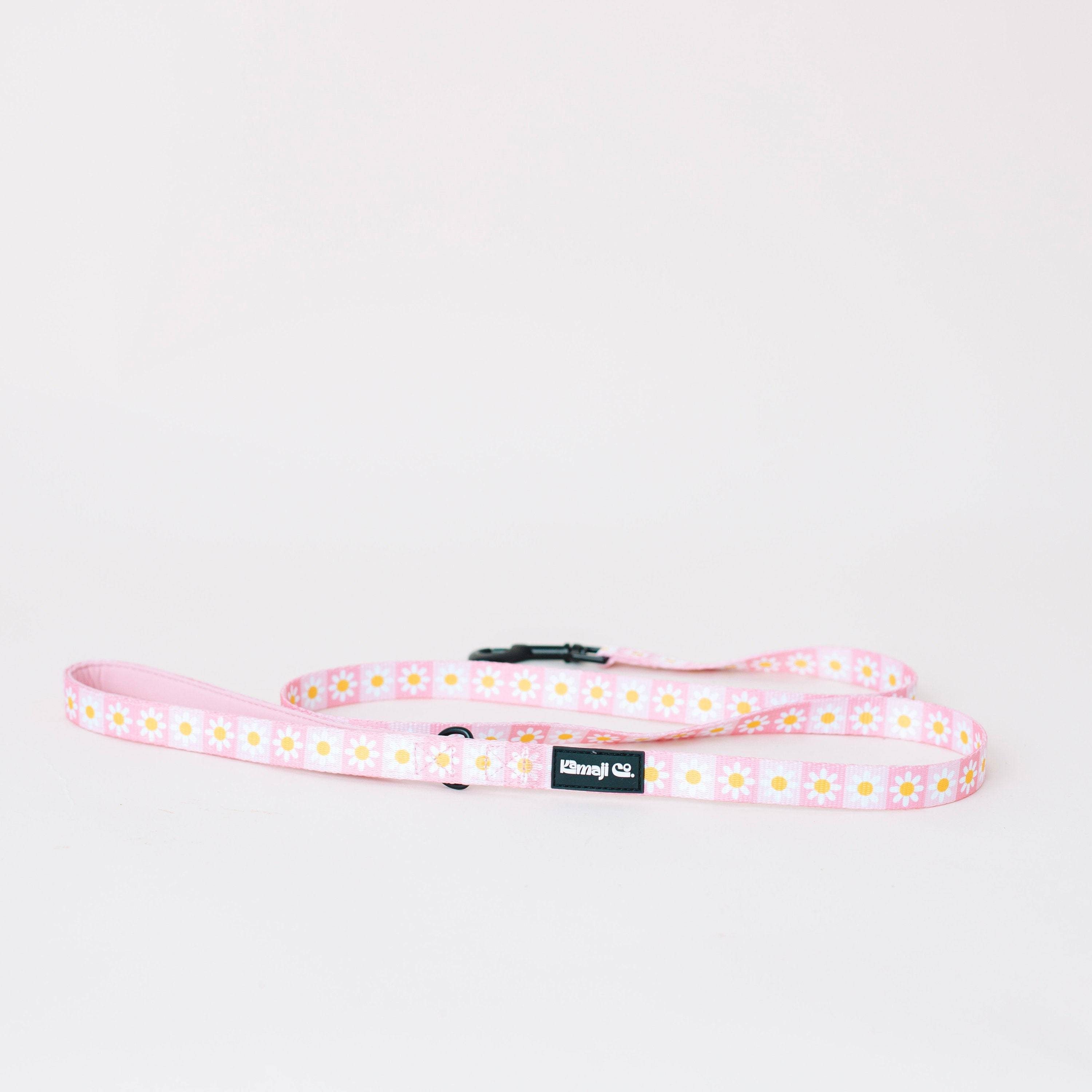 Precious Peach Daisy Leash featuring a padded handle, D-ring for poo bags, and durable metal trigger snap, designed for stylish dog walks.