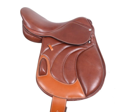 Premium Leather Jumping English Riding Horse Saddle in black, featuring soft knee rolls, padded flaps, and a medium-deep seat, suitable for various riding disciplines.