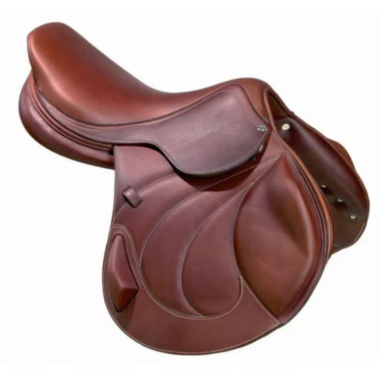 Premium Leather Jumping English Riding Horse Saddle, size 18 inches, featuring padded seat and knee rolls for comfort.