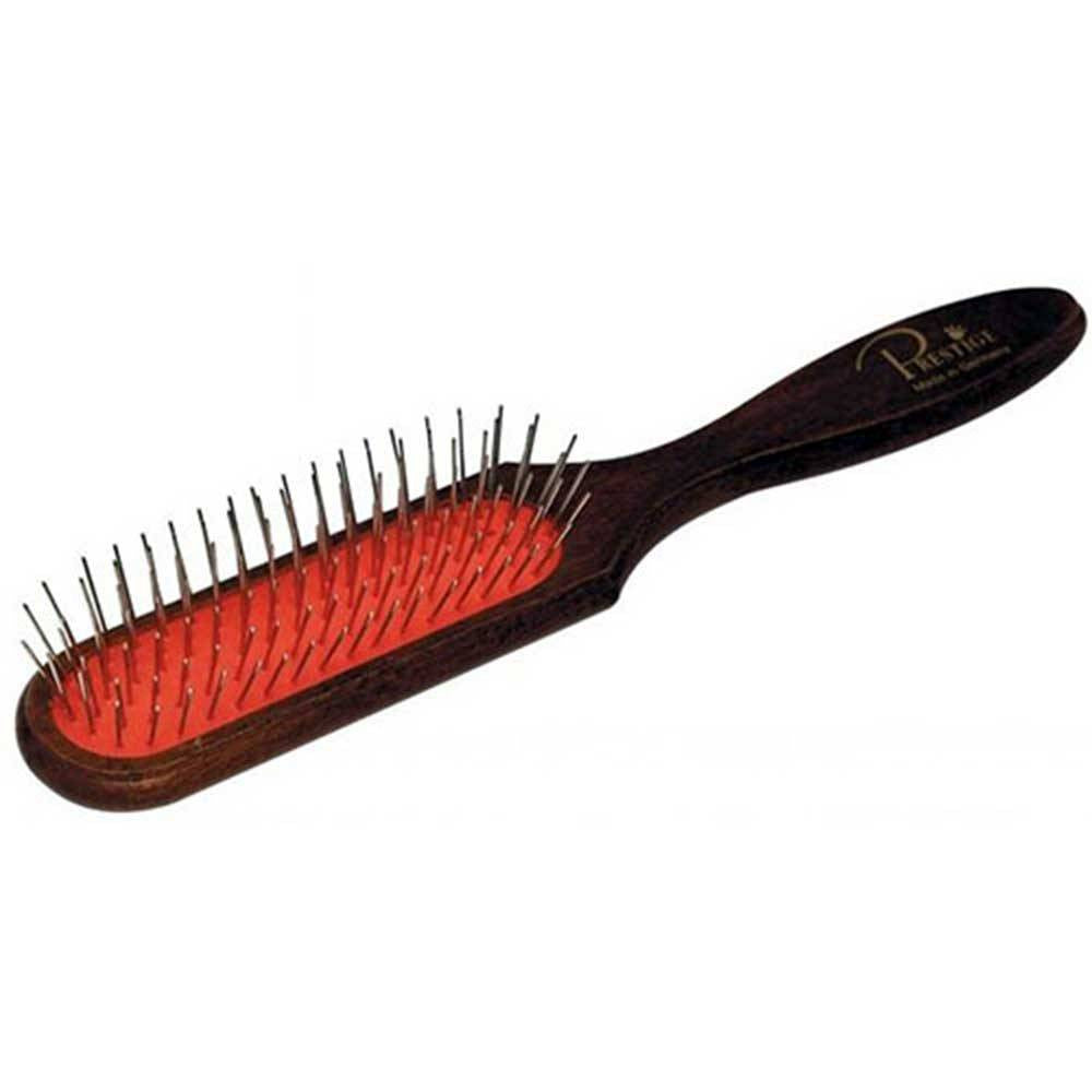 Prestige Oblong Pin Brush in brown with red cushion, 21cm long, featuring 20mm wire pins for effective grooming.