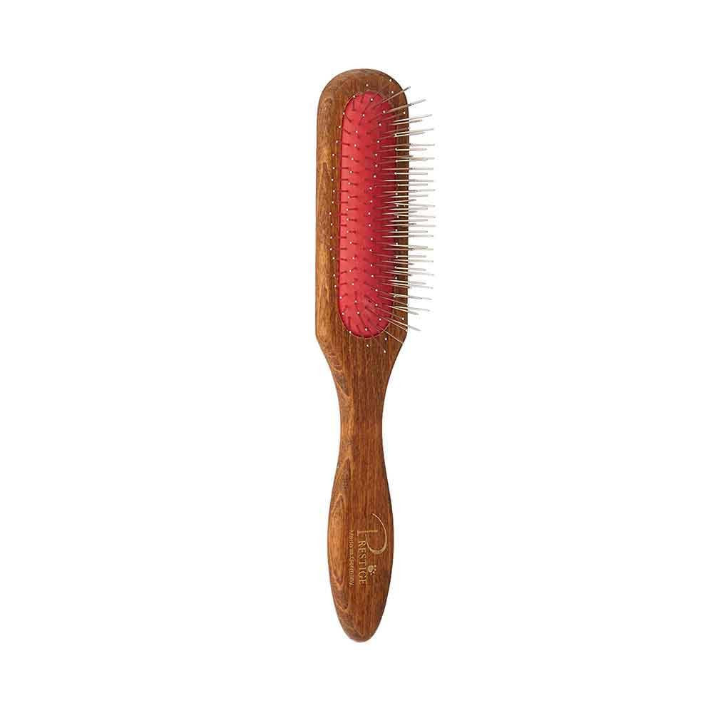 Prestige Oblong Pin Brush in brown with red cushion, 21cm long, featuring 20mm wire pins for effective grooming.