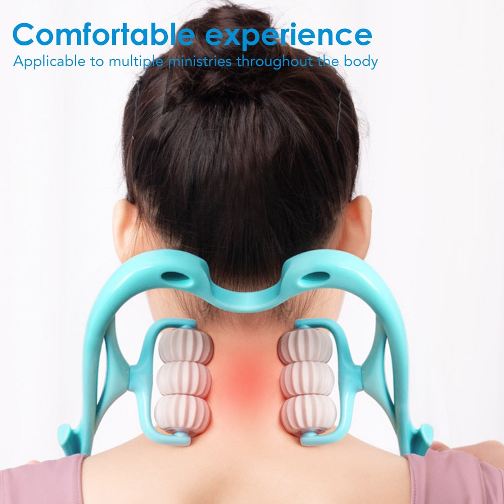 Pressure Point Treatment Neck Relieve Hand Roller Neck Massager featuring six soft bump roller heads and ergonomic design for cervical spine health.