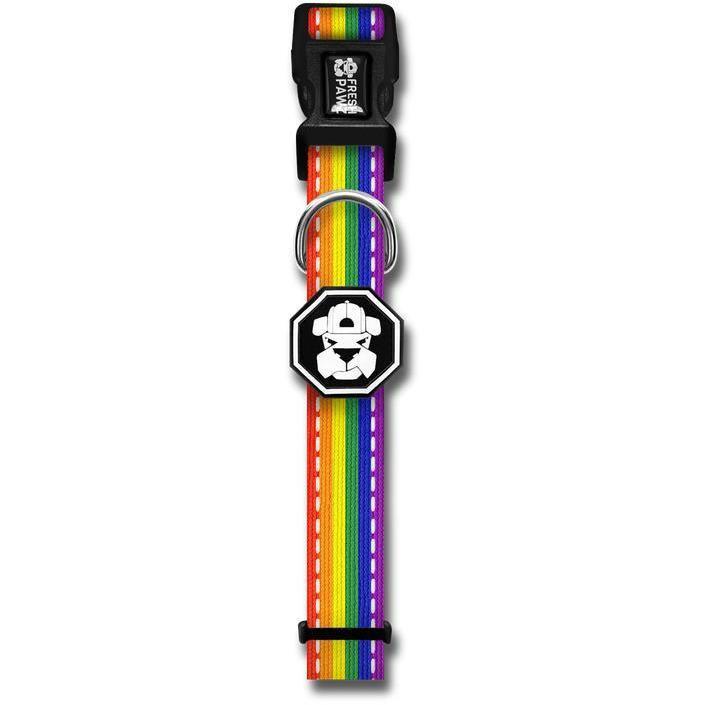 A colorful Pride Flag Collar for dogs, featuring neoprene padding and a branded buckle, showcasing vibrant colors of the Pride flag.