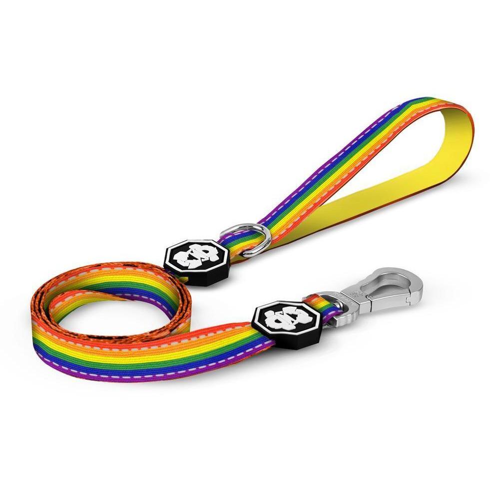 A colorful Pride Flag Leash featuring a rainbow design, neoprene padded handle, and reflective strips for safety during walks.