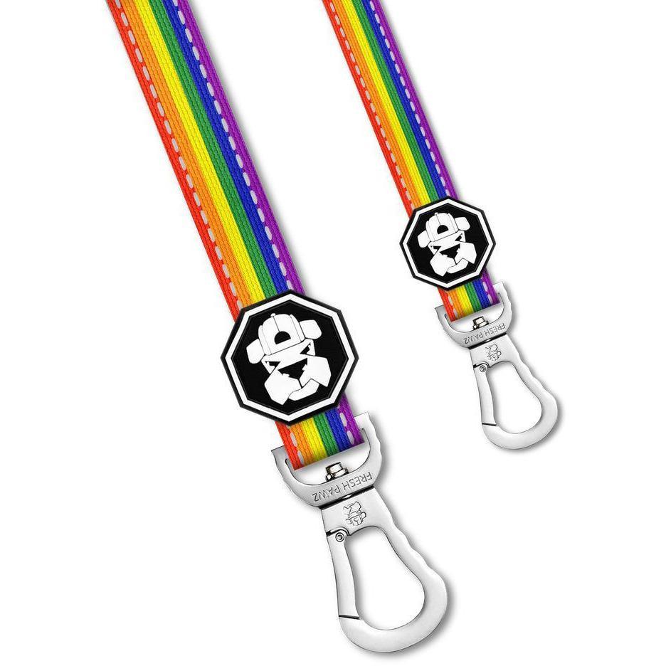 A colorful Pride Flag Leash featuring a rainbow design, neoprene padded handle, and reflective strips for safety during walks.