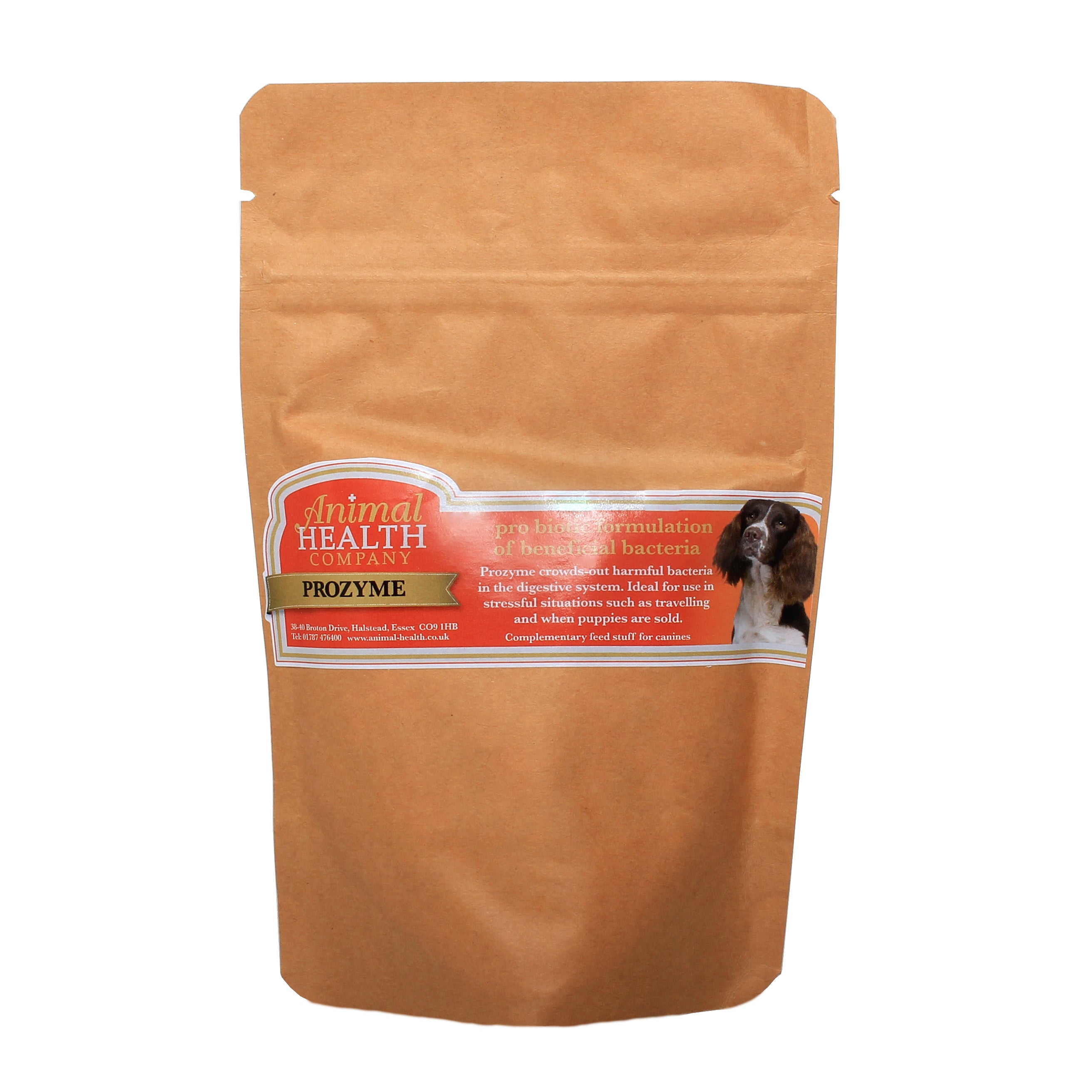 Prozyme probiotic powder for dogs and cats in a container, promoting digestive health.