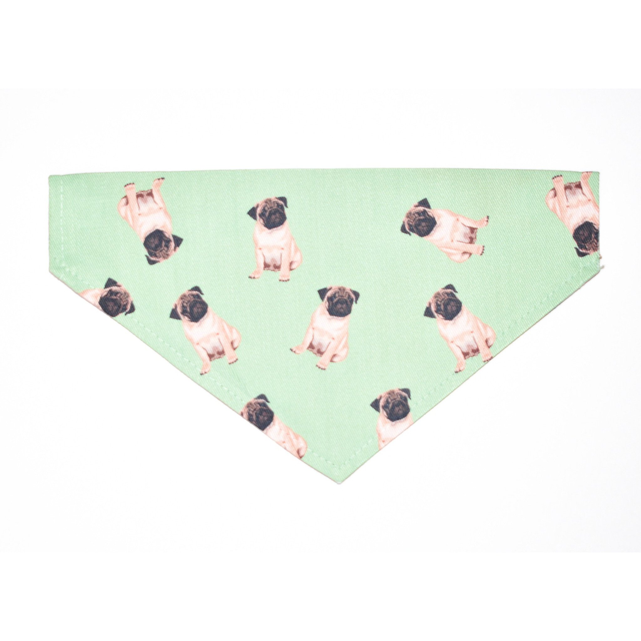 A stylish slip-on bandana designed for pugs, made from durable canvas fabric, featuring a unique pattern and a secure fit over the collar.