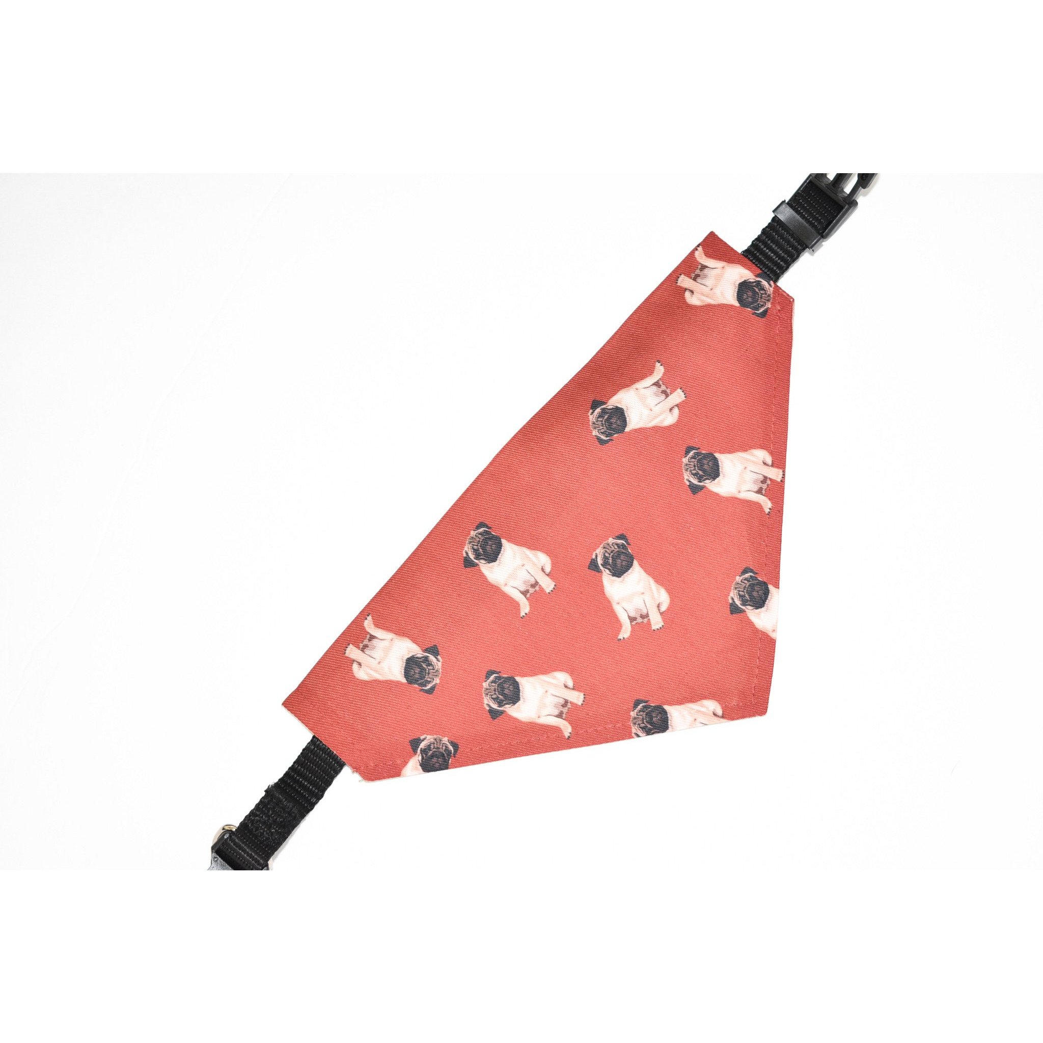 A stylish slip-on bandana designed for pugs, made from durable canvas fabric, featuring a unique pattern and a secure fit over the collar.
