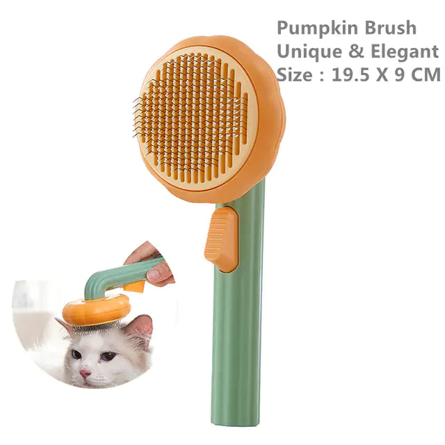 Pumpkin Pet Brush with stainless steel blade and self-cleaning feature, designed for effective grooming of cats and dogs.