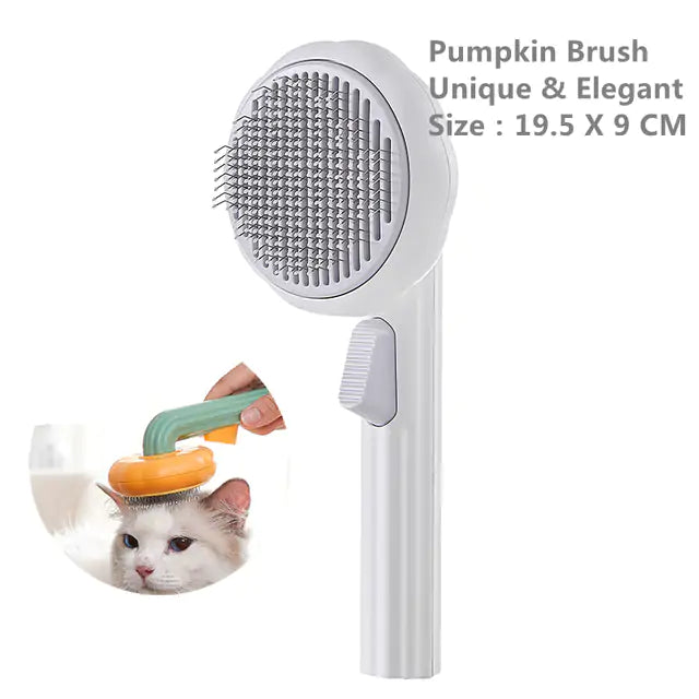 Pumpkin Pet Brush with stainless steel blade and self-cleaning feature, designed for effective grooming of cats and dogs.