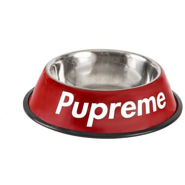 Set of 2 Pupreme red stainless steel dog bowls with polished finish and rubber base.