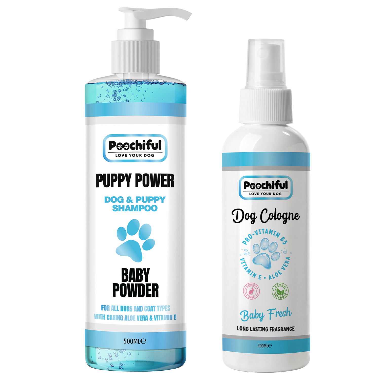 Puppy Power 500ml and Baby Fresh 200ml cologne bottles, designed for pet freshness.