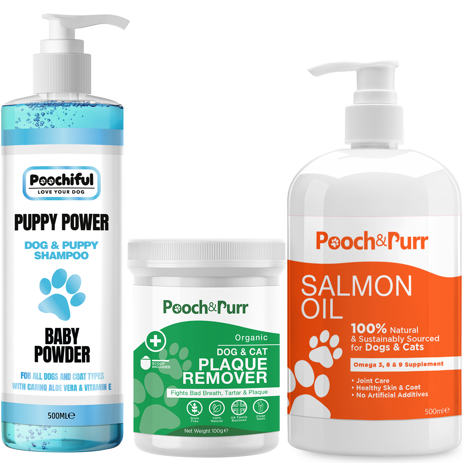 Puppy Power 500ml, Pooch And Purr Salmon Oil 500ml, and Plaque Powder 100g bundle for pet health.