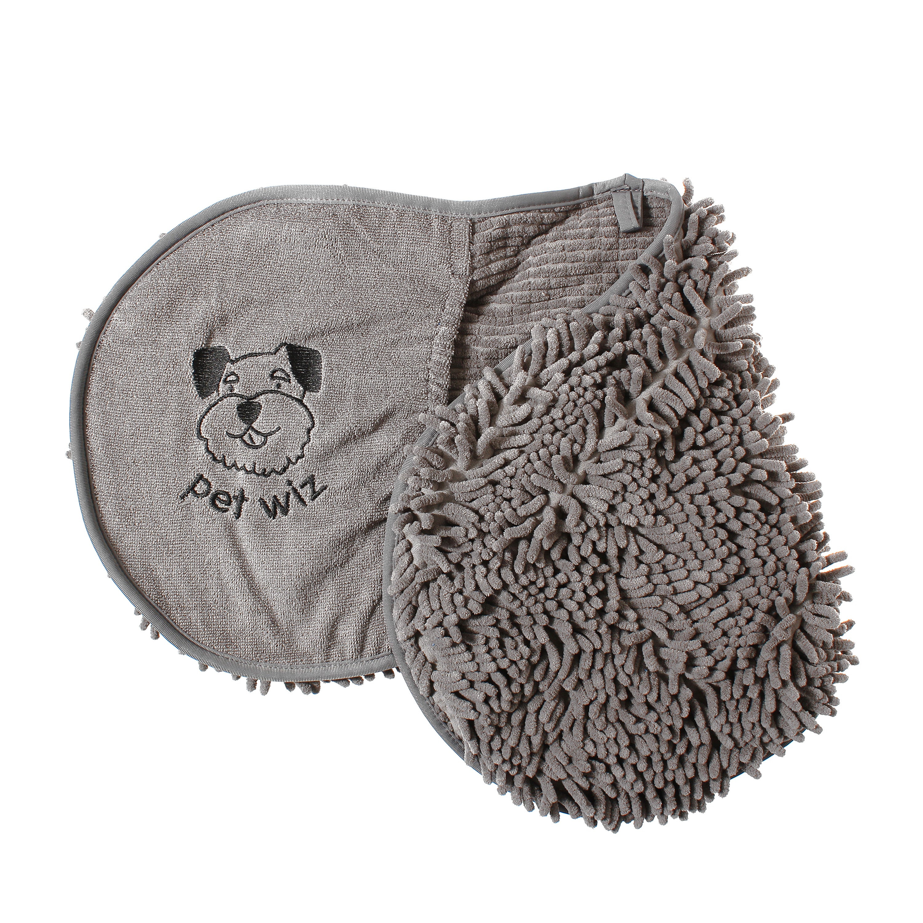 Quick Drying Microfibre Noodle Towel with hand compartments for easy dog drying.