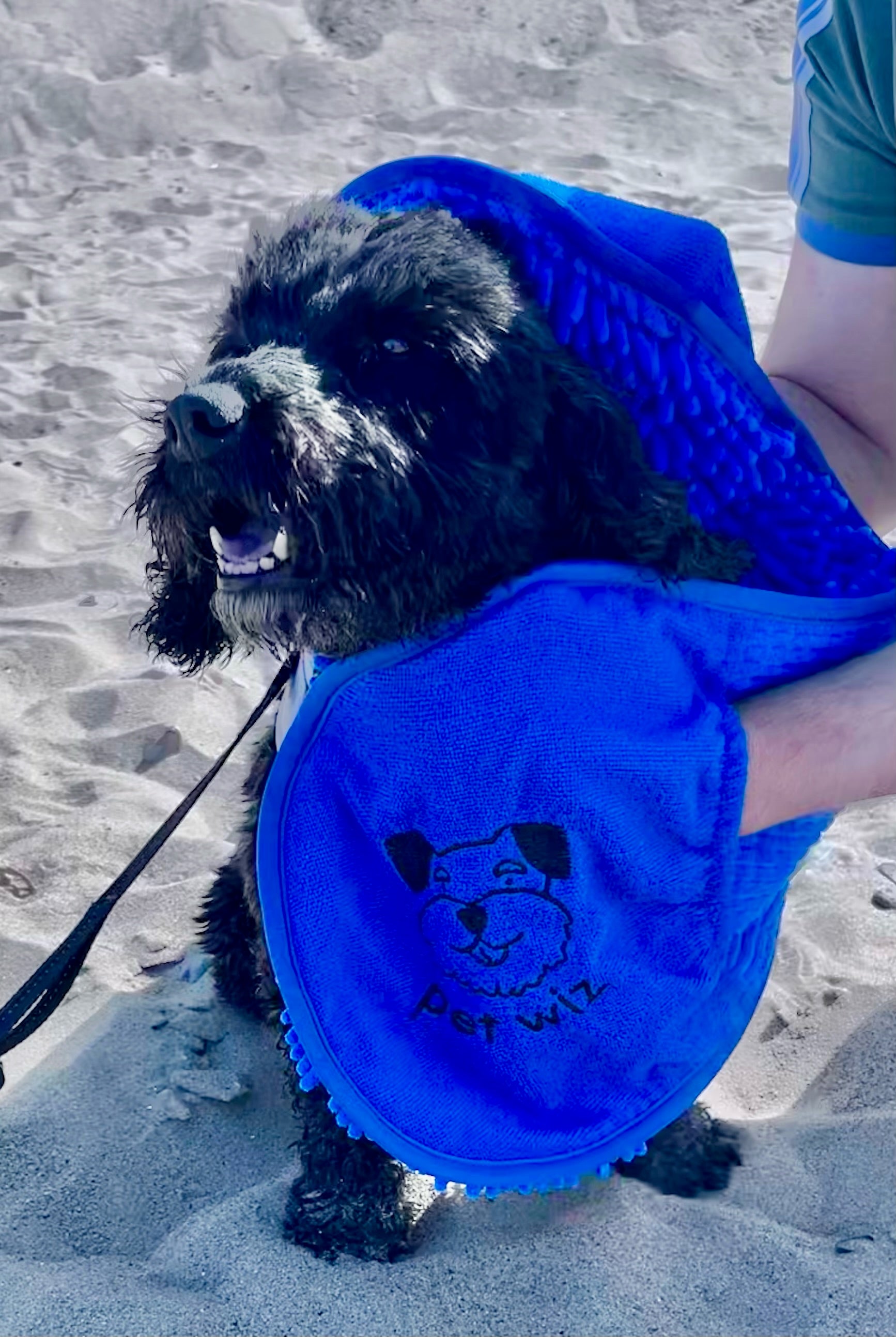 Quick Drying Microfibre Noodle Towel with hand compartments for easy dog drying.