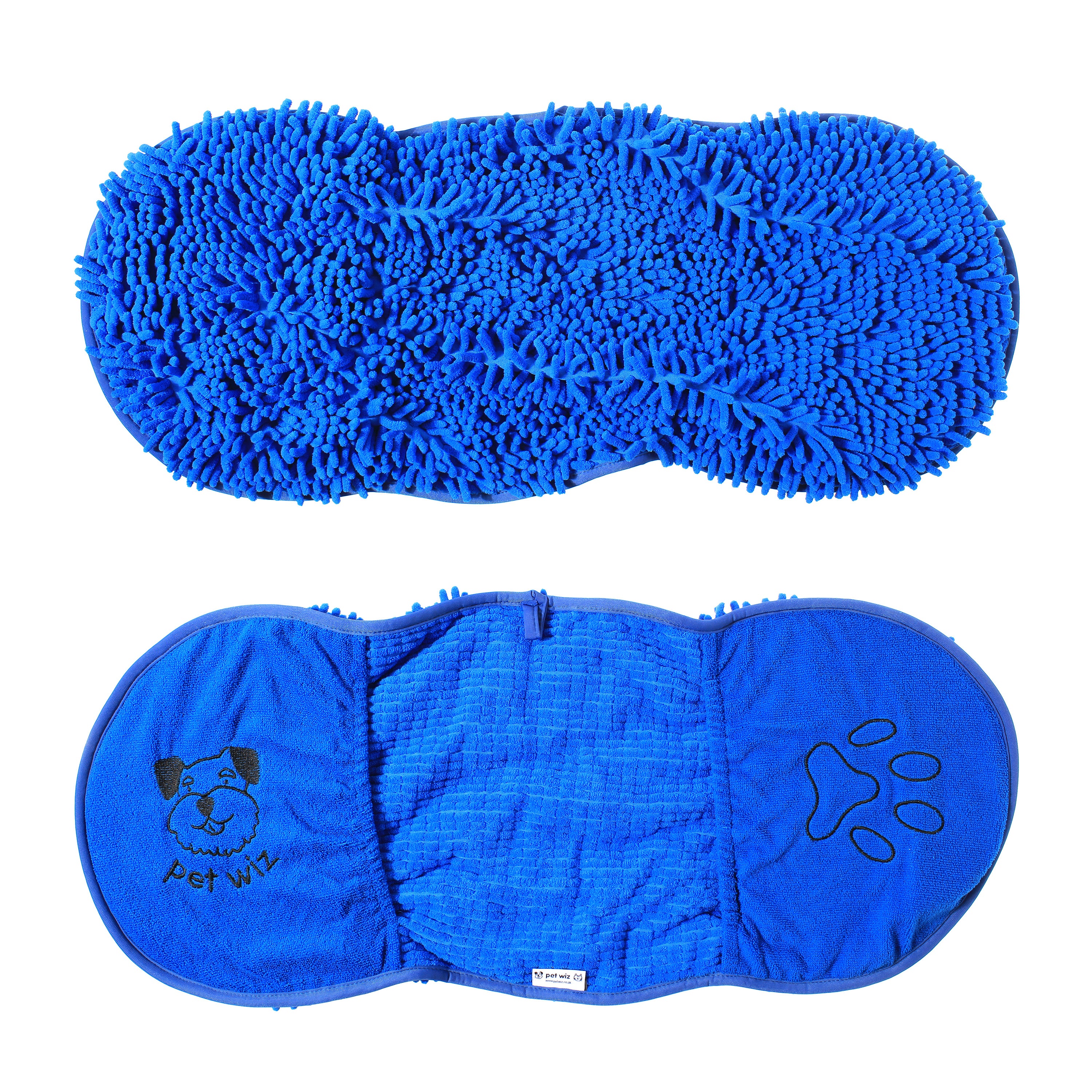 Quick Drying Microfibre Noodle Towel with hand compartments for easy dog drying.