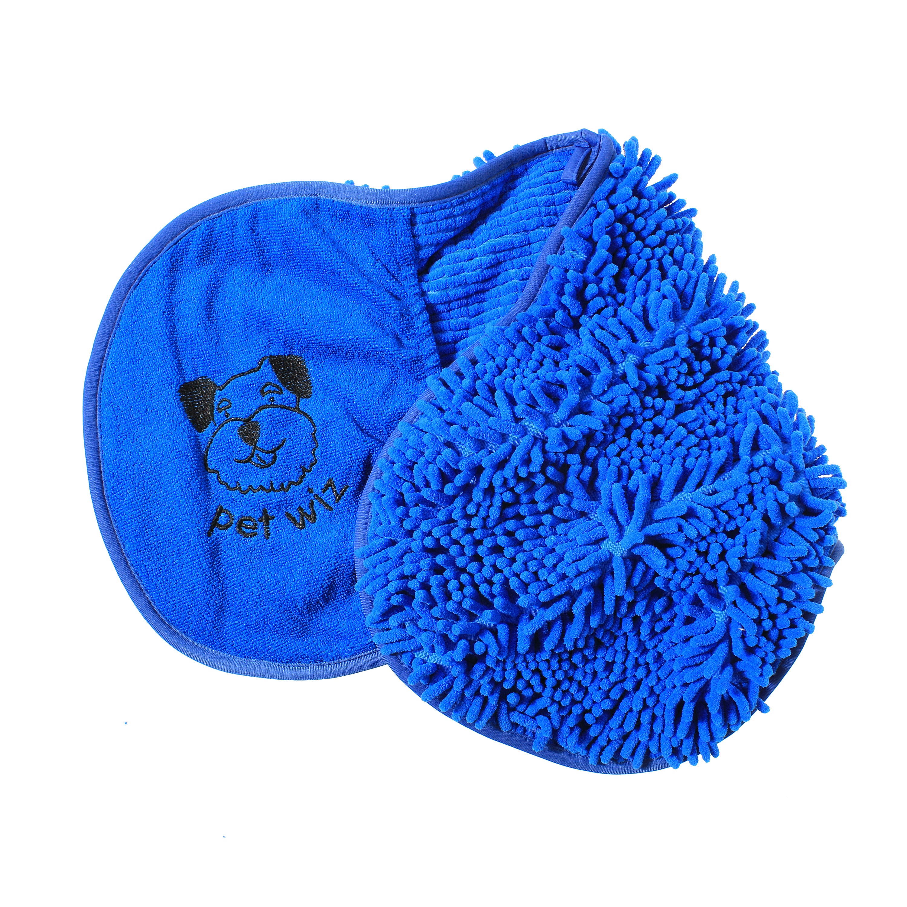 Quick Drying Microfibre Noodle Towel with hand compartments for easy dog drying.