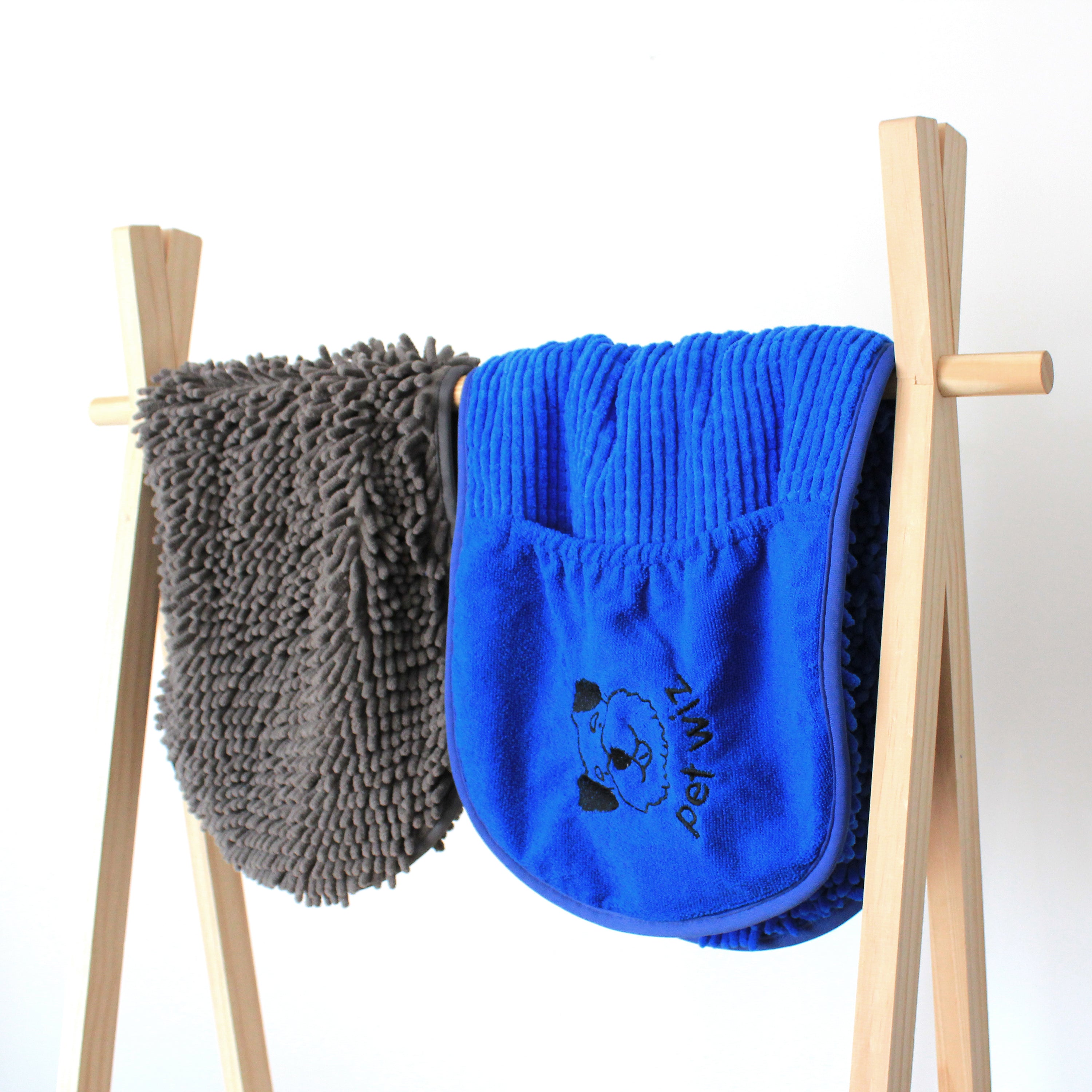 Quick Drying Microfibre Noodle Towel with hand compartments for easy dog drying.