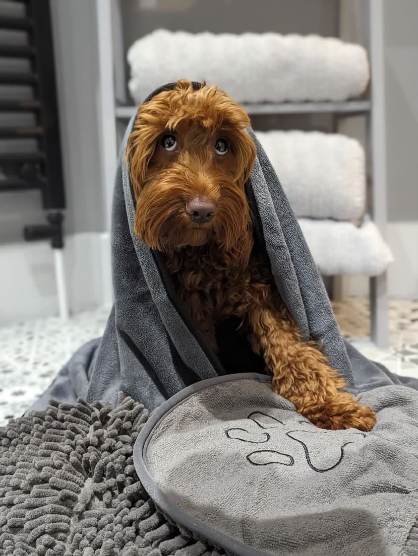 Quick Drying Microfibre Noodle Towel with hand compartments for easy dog drying.