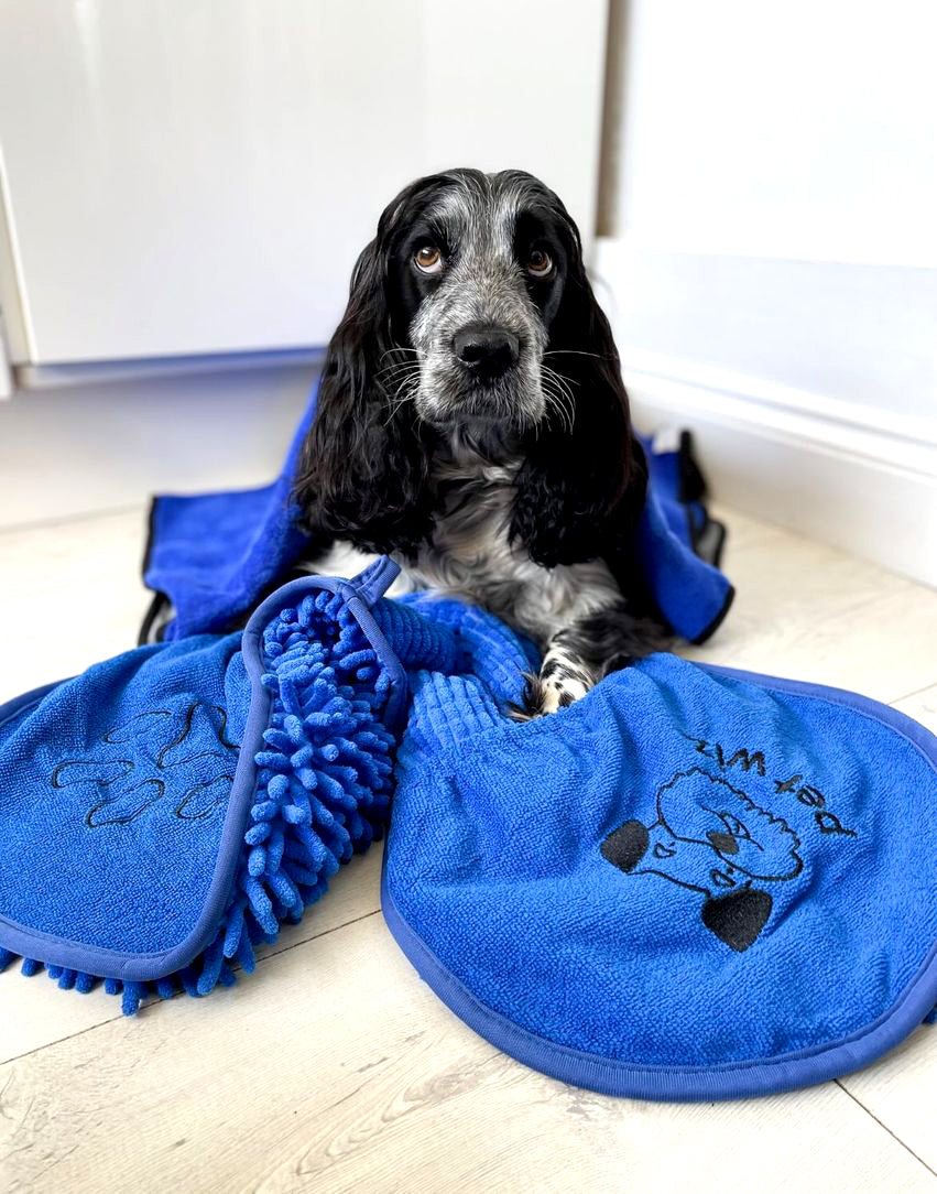 Quick Drying Microfibre Noodle Towel with hand compartments for easy dog drying.