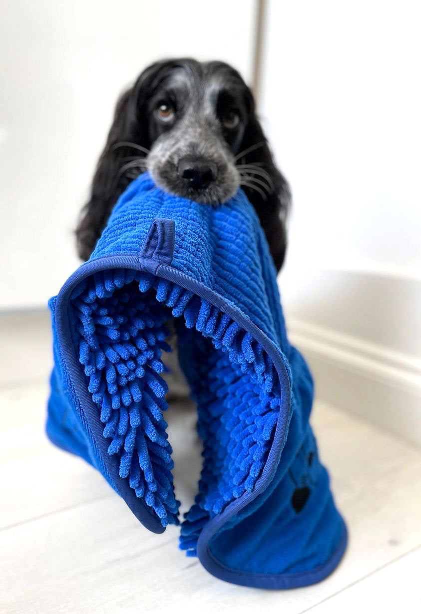 Quick Drying Microfibre Noodle Towel with hand compartments for easy dog drying.