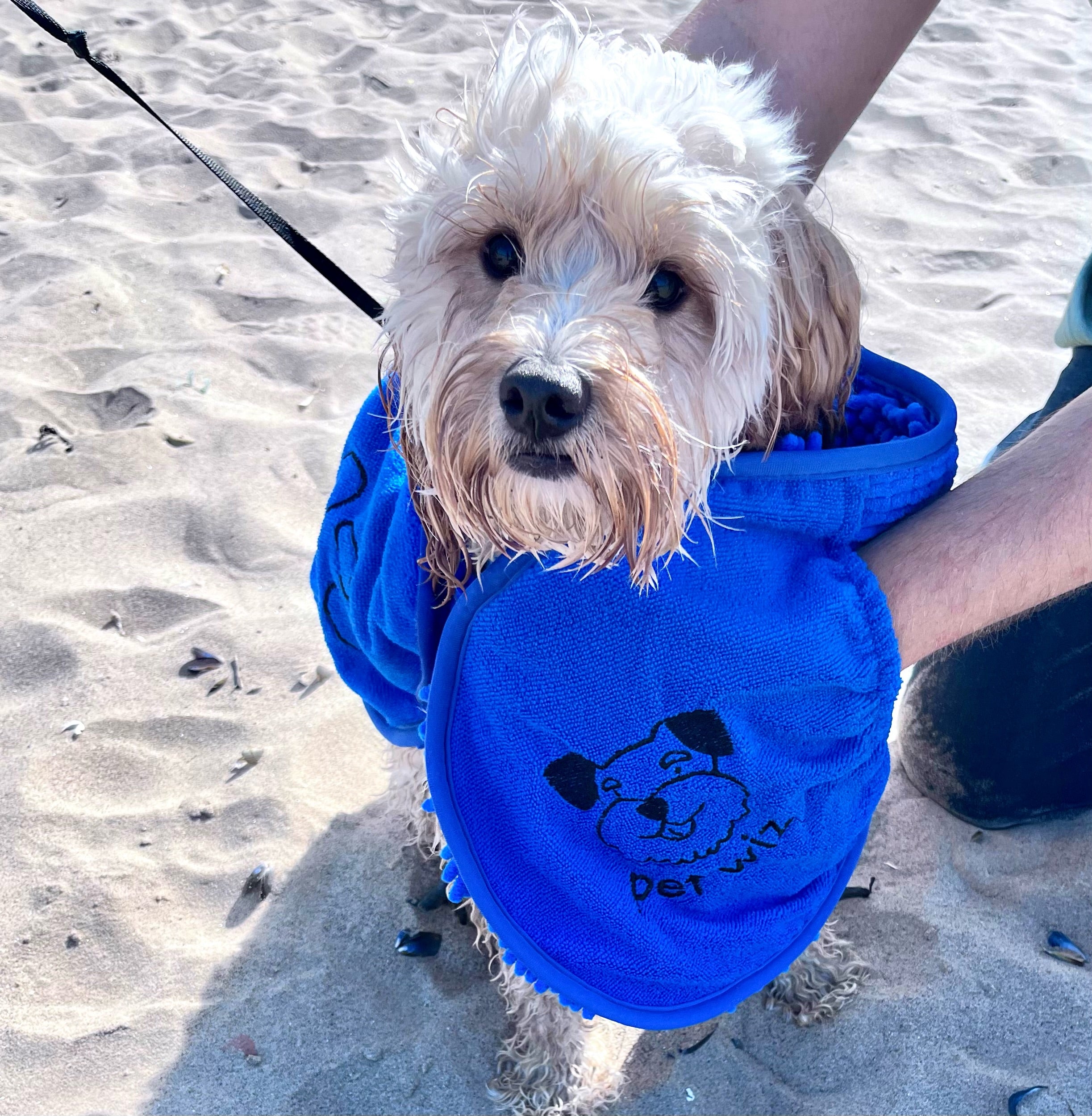 Quick Drying Microfibre Noodle Towel with hand compartments for easy dog drying.