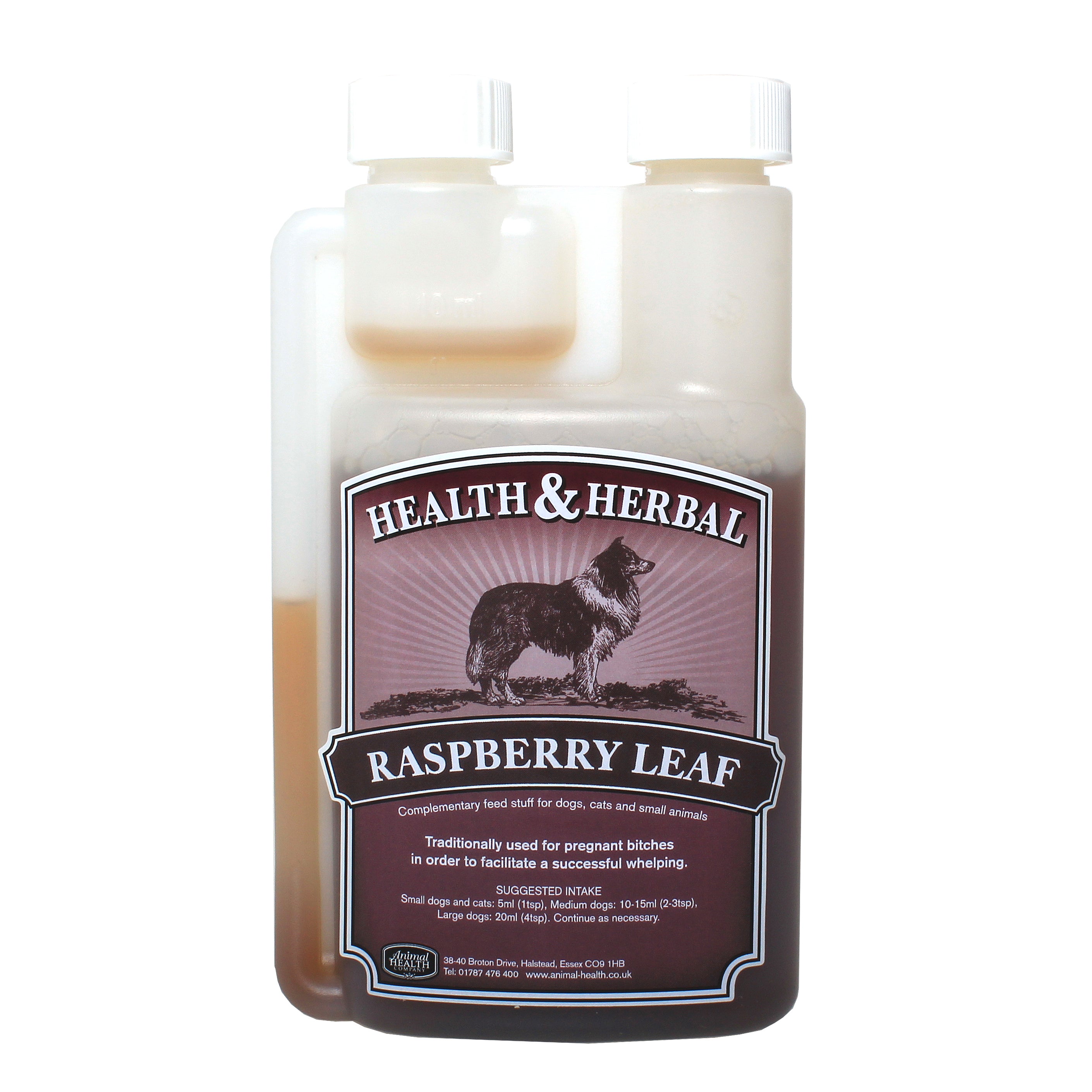 A bottle of Raspberry Leaf liquid supplement for dogs, featuring a green label and a dropper cap, set against a natural background.