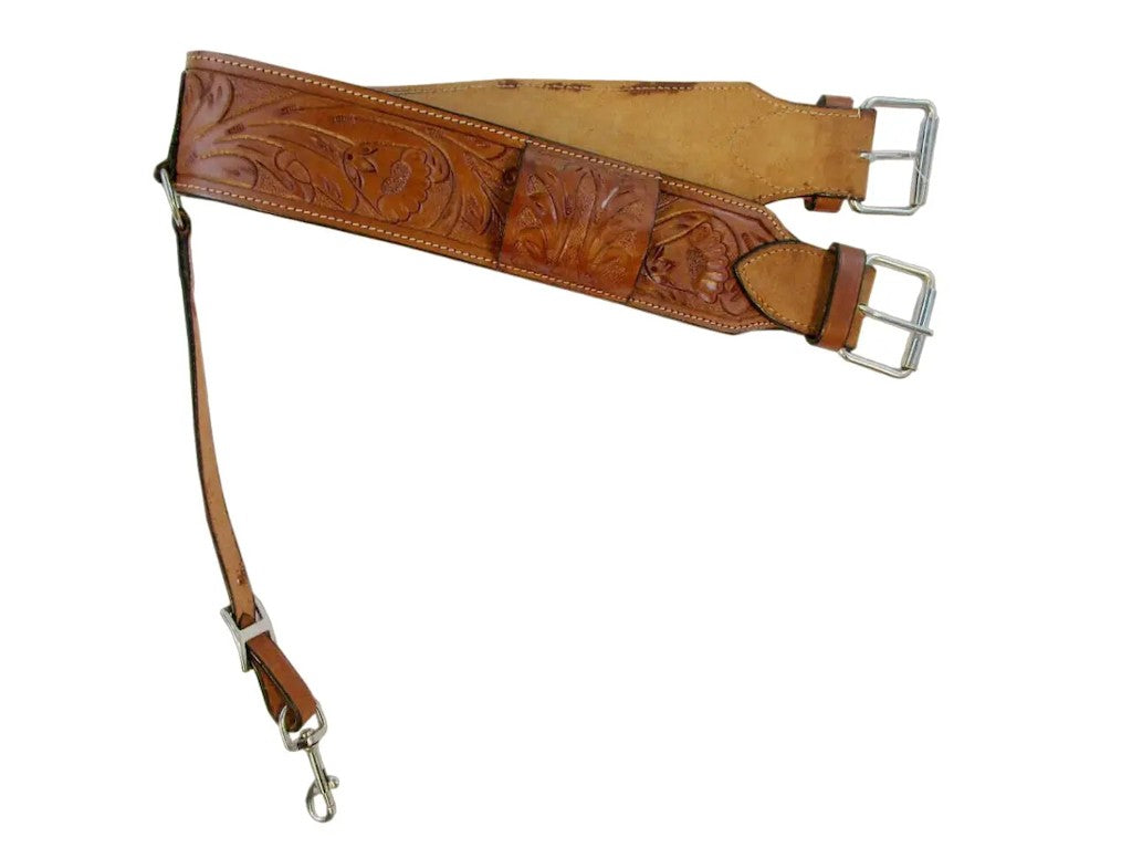 Rear Flank Billet Leather Girth showcasing hand-tooled design and genuine leather craftsmanship.